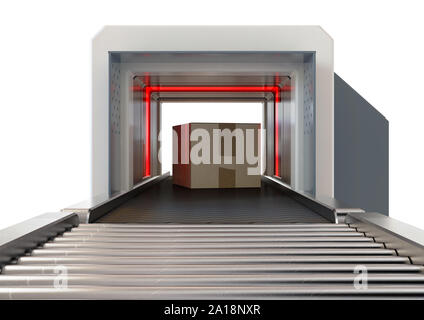 Une boîte en carton en cours d'examen par les feux rouges tout en passant par un scanner des bagages sur un fond isolé - 3D render Banque D'Images