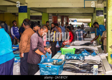 Male, Maldives - Le 16 novembre 2017 : le commerce des poissons et fruits de mer frais du marché aux poissons de la ville et de l'île de Male, la capitale des Maldives. Banque D'Images