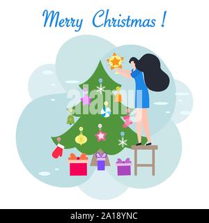 Bonne année 2020, carte. Joyeux Noël. Vector illustration avec les gens décorent arbre de Noël. Nouvelle année, l'arrière-plan de fête. Pour la conception de page web, Illustration de Vecteur