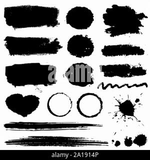 Grunge les taches, les coups de pinceau de peinture et encre blots isolé sur fond blanc. Éléments de conception pour le vecteur noir texture pinceau, cadre, arrière-plan. Illustration de Vecteur