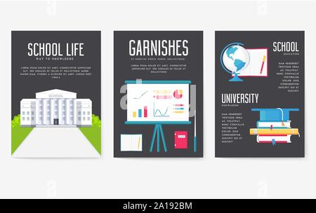 Cartes d'information retour à l'école ensemble. Modèle d'flyear étudiant, magazines, affiches, bannières, couverture de livre. L'enseignement collégial infographie concept arrière-plan. La mise en page moderne illustrations Illustration de Vecteur