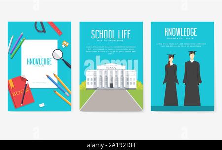 Cartes d'information retour à l'école ensemble. Modèle d'flyear étudiant, magazines, affiches, bannières, couverture de livre. L'enseignement collégial infographie concept arrière-plan. La mise en page moderne illustrations Illustration de Vecteur