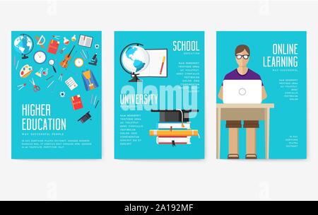 Cartes d'information retour à l'école ensemble. Modèle d'flyear étudiant, magazines, affiches, bannières, couverture de livre. L'enseignement collégial infographie concept arrière-plan. La mise en page moderne illustrations Illustration de Vecteur