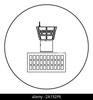 Tour de contrôle de l'aéroport Bâtiment de l'aéroport de la tour de contrôle de vol dans l'icône Contour rond cercle couleur noir style télévision illustration vectorielle simple image Illustration de Vecteur