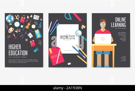 Cartes d'information retour à l'école ensemble. Modèle d'flyear étudiant, magazines, affiches, bannières, couverture de livre. L'enseignement collégial infographie concept arrière-plan. La mise en page moderne illustrations Illustration de Vecteur