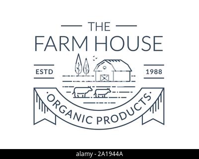 Logo ferme isolé sur fond blanc. L'emblème de la ligne avec la ferme et les vaches. Badge de vecteur pour le lait produit, les aliments biologiques, les fermes laitières ou marché fermier Illustration de Vecteur