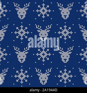 Modèle sans couture tricoté avec des cerfs et les flocons. Vector background. Pull bleu et blanc ornement de Noël ou d'hiver. Illustration de Vecteur