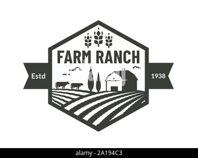 Logo de la ferme. Avec l'emblème du modèle de ferme, vaches et de l'oreille de blé. Badge noir pour le ranch de l'agriculture, de produits naturels et nourriture biologique entreprise. Vecteur. Illustration de Vecteur