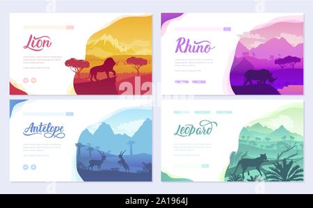 Des brochures avec des animaux d'Afrique dans leur habitat naturel. Série de dépliants avec la faune dans le coucher du soleil de la journée. Modèle de flyear, bandeaux web, en-tête de l'interface utilisateur, entrez le site web. Illustration modèle slider moderne Illustration de Vecteur