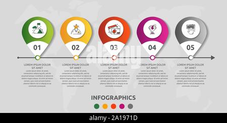 L'infographie moderne vecteur modèle plat pin pour cinq étiquette en papier, diagramme, graphique, présentation. Concept d'affaires avec 5 options et de marques. L'espace vide Illustration de Vecteur