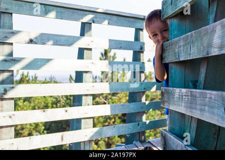 Garçon enfant cache cache derrière planche en bois mur d'une tour d'observation en forêt Banque D'Images