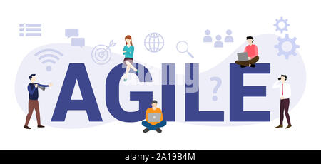 Nouveau concept de développement de workflow agile avec grand mot ou texte et de l'équipe de personnes avec une télévision moderne style - vector illustration Banque D'Images