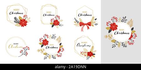 Joyeux Noël logos, élégant dessiné à la main, délicat monogramme isolé sur fond blanc. Hand drawn vector collection Illustration de Vecteur