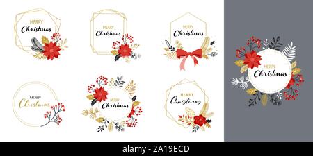 Joyeux Noël logos, élégant dessiné à la main, délicat monogramme isolé sur fond blanc. Hand drawn vector collection Illustration de Vecteur