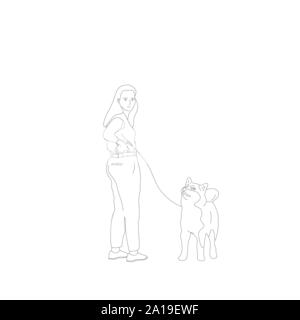 Jeune fille en tenue décontractée est la marche avec un Shiba Inu chien en laisse. Isolé sur fond blanc Illustration de Vecteur