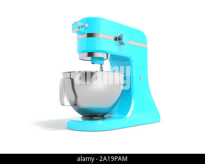 Robot de cuisine électrique moderne bleu électrique avec bol en métal le rendu 3D sur fond blanc avec ombre Banque D'Images