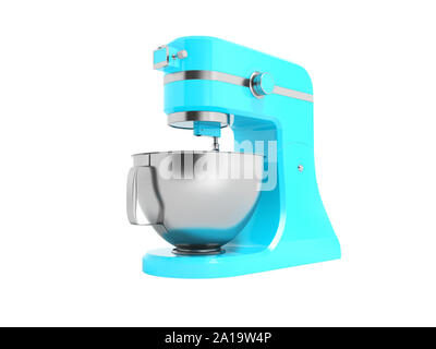 Robot de cuisine électrique moderne bleu électrique avec bol en métal le rendu 3D sur fond blanc aucune ombre Banque D'Images