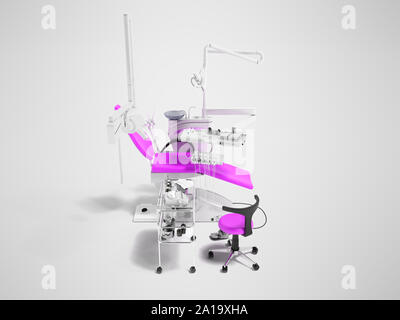 Semi-automatique moderne fauteuil dentaire violet clair avec l'équipement pour la dentisterie et fauteuil dentaire le rendu 3D sur fond gris avec ombre Banque D'Images