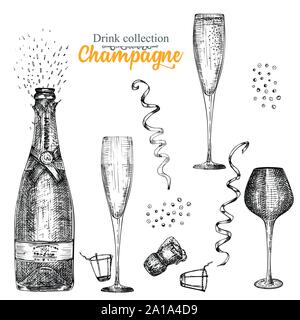 Croquis à main Set bouteille et verres de champagne, vintage design bar, restaurant, café menu sur fond blanc. Création graphique vectoriel Illustration de Vecteur