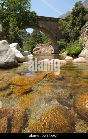 Gorges de Spelunca / gorges de Spelunca et le pont sur la rivière Pianella en Corse-du-Sud, entre les villages d'Ota et d'Evisa Corse France. Banque D'Images