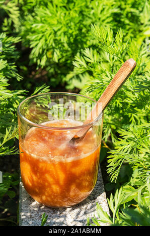 Le jus de carotte est une boisson délicieuse et nutritive riche en bêta-carotène, vitamines A, B, C, D, E et K, et de minéraux. Banque D'Images