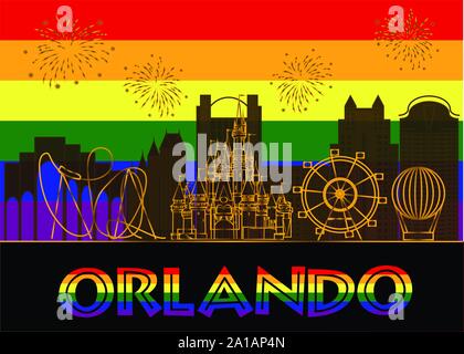 Lettrage coloré d'Orlando sur fond coloré. Scénario avec icônes de voyage et d'artifice. Carte postale de voyage. Illustration de Vecteur