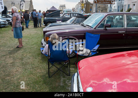 Le propriétaire d'un 1970 bourgogne Bentley saloon assise avec son chien Schnauzer l'entente au Classic Motor Show sur Walmer Green par la plage, Deal, Kent, U Banque D'Images