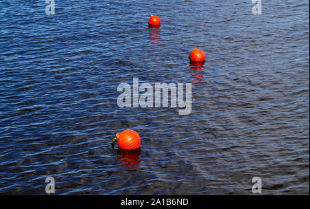 Trois bouées orange vif flottant à la surface de l'eau de la rivière. Ensemble de trois bouées de sécurité orange dans une rivière avec de petites vagues sur la surface de l'eau. Banque D'Images