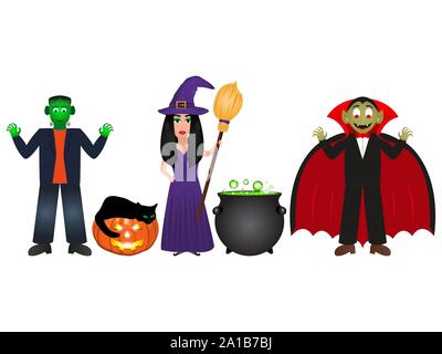 Sorcière et méchants monstres avec une citrouille et un chat sur un fond blanc. Potion d'Halloween Illustration de Vecteur
