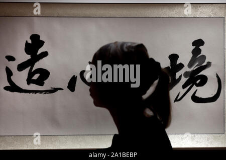 Une femme regarde les caractères chinois à l'exposition 'Grande Calligraphie et peinture chinoise" au centre d'exposition de Sokolniki à Moscou, Russie Banque D'Images