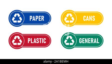 Le recyclage des déchets produits matériaux chante avec étiquettes ou d'autocollants. Illustration de Vecteur