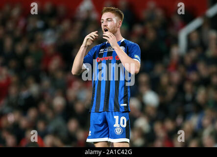 Camps de Rochdale Callum rues une occasion manquée lors de la troisième ronde, coupe du buffle match à Old Trafford, Manchester. Banque D'Images