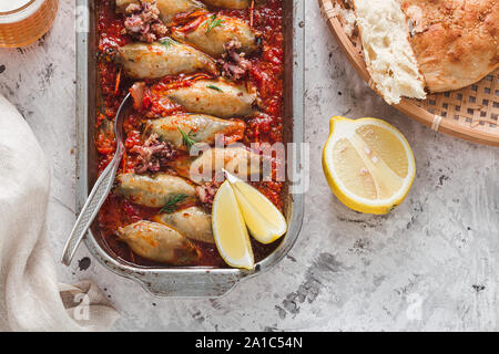 Calamars farcis au riz avec sauce tomate, copiez l'espace. Banque D'Images