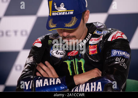 Misano Adriatico, Italie. 15 Sep, 2019. Maverick Viñales, coureur espagnol numéro 12 pour l'équipe Monster Yamaha en MotoGP lors de la conférence de presse après la course (3ème place) (photo de Lorenzo di Cola/Pacific Press) Credit : Pacific Press Agency/Alamy Live News Banque D'Images