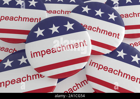 La politique USA News Badges : tas de boutons de mise en accusation avec nous Drapeau, 3d illustration Banque D'Images