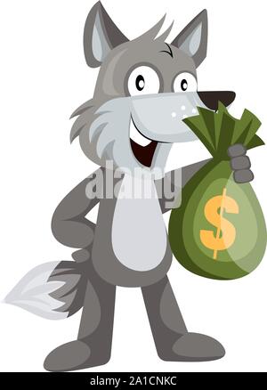 Wolf avec des sacs d'argent, illustration, vecteur sur fond blanc. Illustration de Vecteur