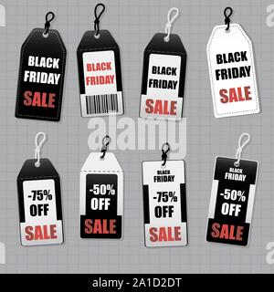 Ensemble prix autocollants de Vendredi Noir. Le vendredi noir design, Vente, discount, publicité, marketing étiquette de prix. Vêtements, meubles, automobiles, vente de nourriture. Vect Illustration de Vecteur