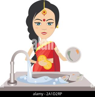 Femme indienne lave-vaisselle , illustration, vecteur sur fond blanc. Illustration de Vecteur