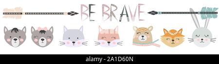 Banner gratuitement, sauvage, Brave avec animaux chat, loup, ours, renard, lapin et les plumes, la flèche dans le style scandinave. Jeu pour Enfants Illustration de Vecteur