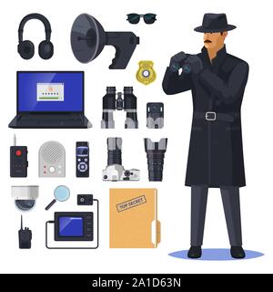 Articles détective près de spy ou agent d'enquête Illustration de Vecteur