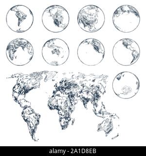 Croquis de terre planète continents. Carte du monde Illustration de Vecteur