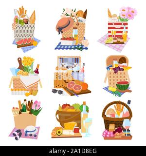 Cadeau ou pique-nique, maison de paniers sur nappe. Illustration de Vecteur
