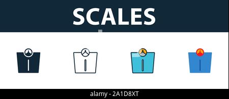 Scales icon set. Symbole Premium dans différents styles d'icônes fitness collection. L'icône des échelles créatif rempli, contours, couleurs et symboles télévision Illustration de Vecteur