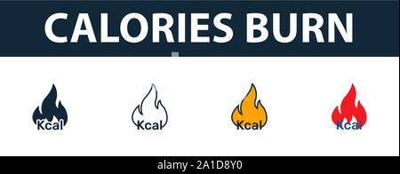 Brûler des calories icon set. Symbole Premium dans différents styles d'icônes fitness collection. Creative calories icône Graver rempli, contours, et de couleur Illustration de Vecteur