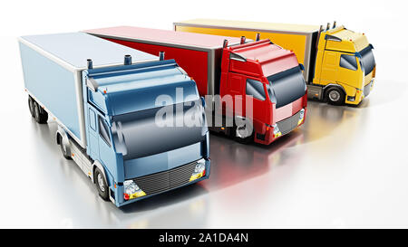 Bleu, rouge et jaune camions isolé sur fond blanc. 3D illustration. Banque D'Images