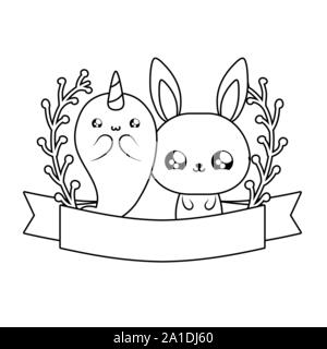 Lapin Mignon Avec Narval De Bebes Animaux Kawaii Vector Illustration Design Image Vectorielle Stock Alamy