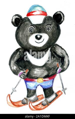 Cartoon Happy bear de couleur noire entrant pour les sports d'hiver, l'illustration à l'aquarelle. Banque D'Images