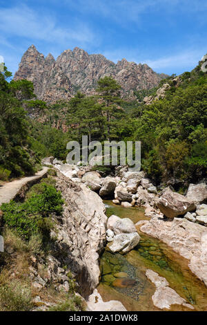 Capu Casconi et la vallée de Saint Christophe Saint Christophe / stream valley trail partie de la Spelunca Gorge / gorges de Spelunca en Corse-du-Sud Corse France Ota Banque D'Images