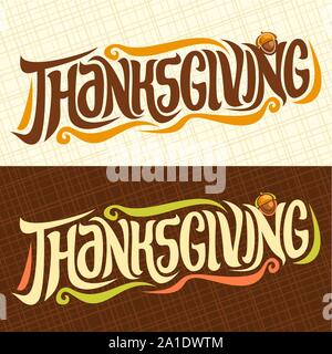 Bannières vecteur pour vacances de Thanksgiving : vintage automne logo avec acorn sur fond abstrait avec la police pour le texte original écrit à la main, de l'action de h Illustration de Vecteur