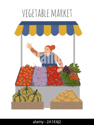 Marché local agriculteur vendant des légumes produits sur stall avec auvent. Style moderne télévision vector illustration isolé sur fond blanc. Illustration de Vecteur